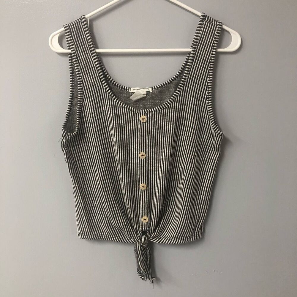 caution to the wind striped crop top tied bottom buttons black white size m
